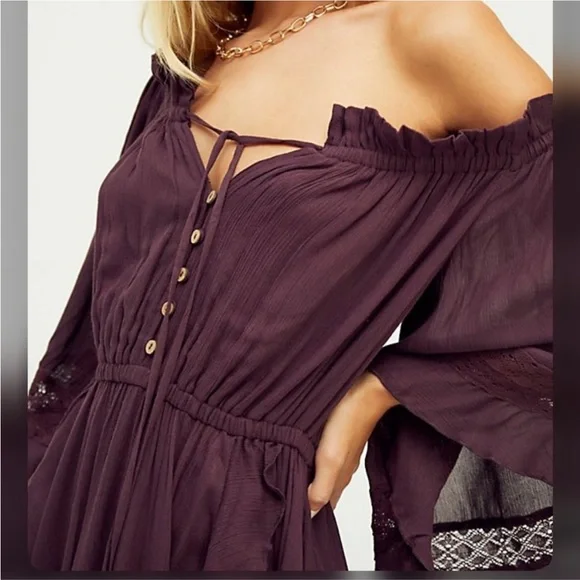 SOLD E Free People Endless Summer Beach Bliss Off Shoulder Maroon Maxi Dress - Picture 3 of 16